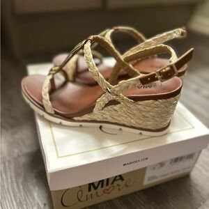 MIA Women's Sandals with Gold Accents and Tan Braided Straps